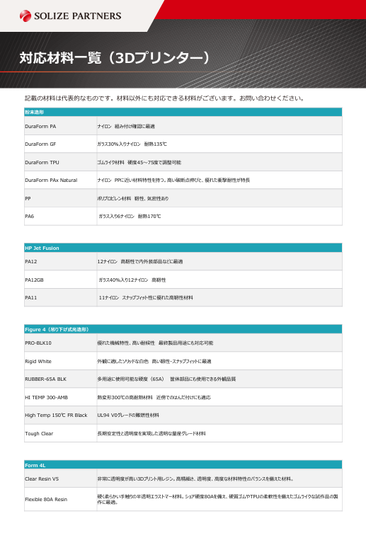 対応材料一覧(SOLIZE PARTNERS)